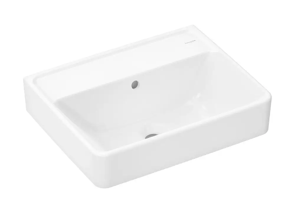 Weißes Handwaschbecken mit rechteckigem Design, ohne Hahnloch und mit Überlauf, von Hansgrohe. Einheitlicher Glanz ohne sichtbare Störungen.